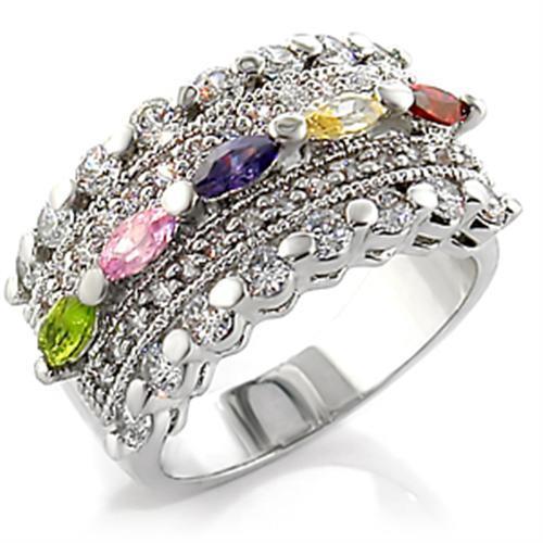 7X129 - Rhodium Brass Ring with AAA Grade CZ  in Multi Color LuxuryLifeWay Online Store