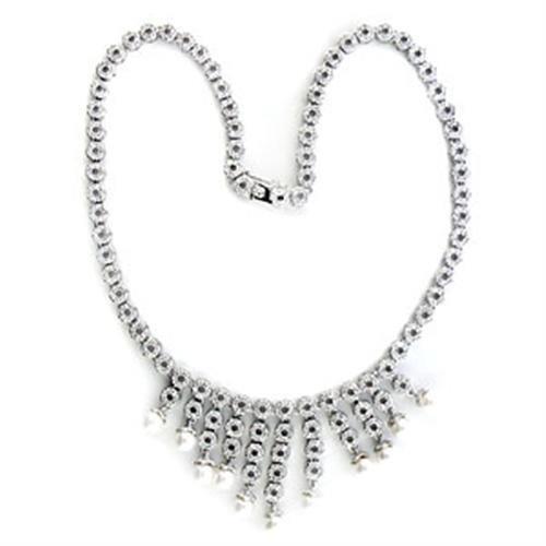 7X407 - Rhodium Brass Necklace with Synthetic Pearl in White LuxuryLifeWay Online Store