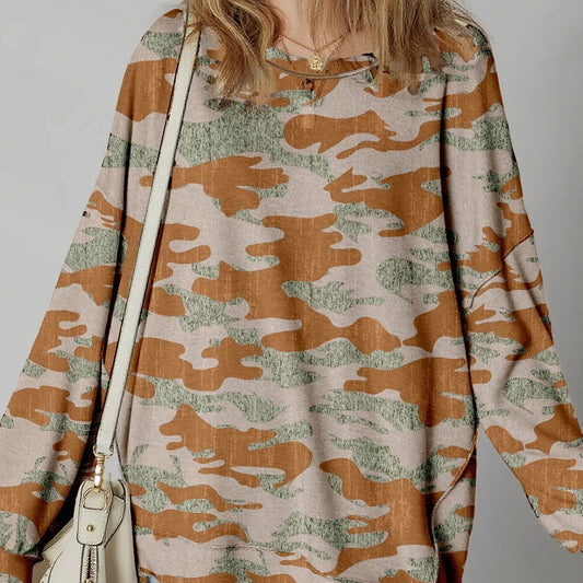 Brown Retro Camouflage Print Exposed Seam Patchwork Drop Shoulder Sweatshirt