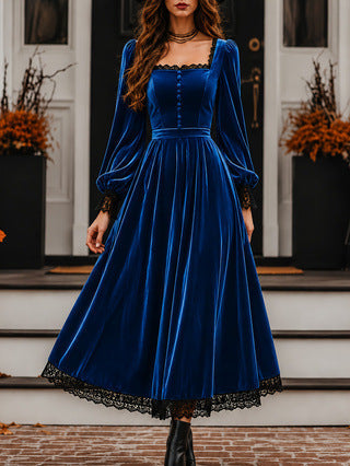 Square-neck Lace-panel Velvet Dress NorixaFashion.com