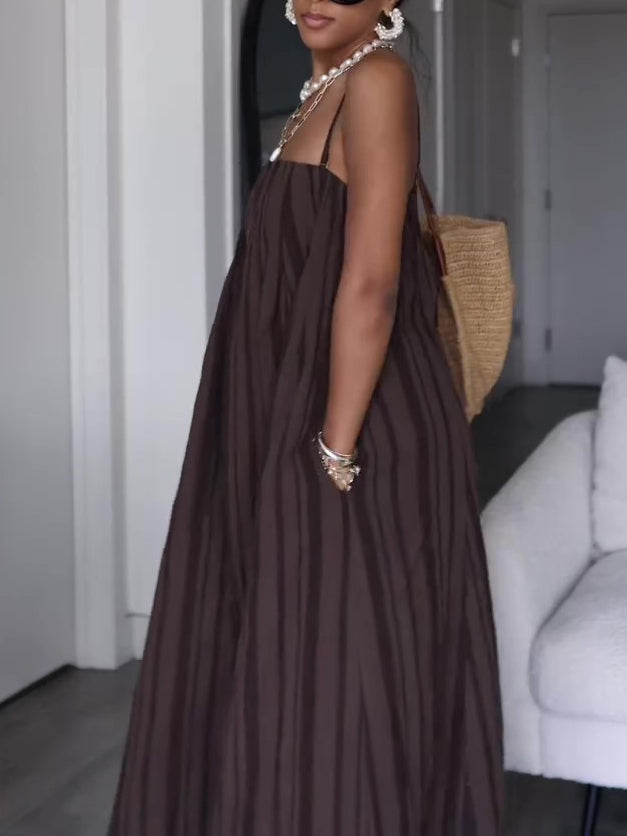 Brown Striped Suspender Pocket Loose Dress NorixaFashion.com