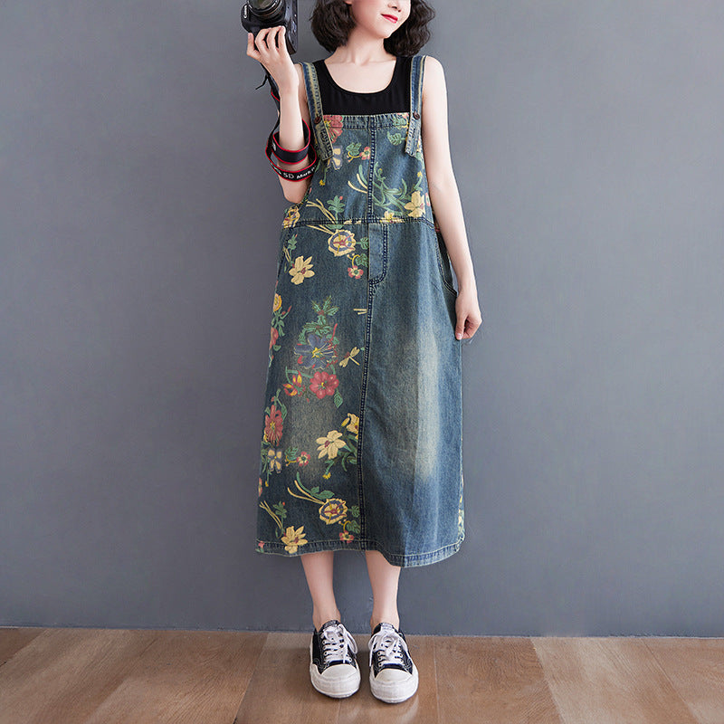 Women's Plus Size Retro Age-reducing Denim Print Suspender Skirt LadyShow.Store