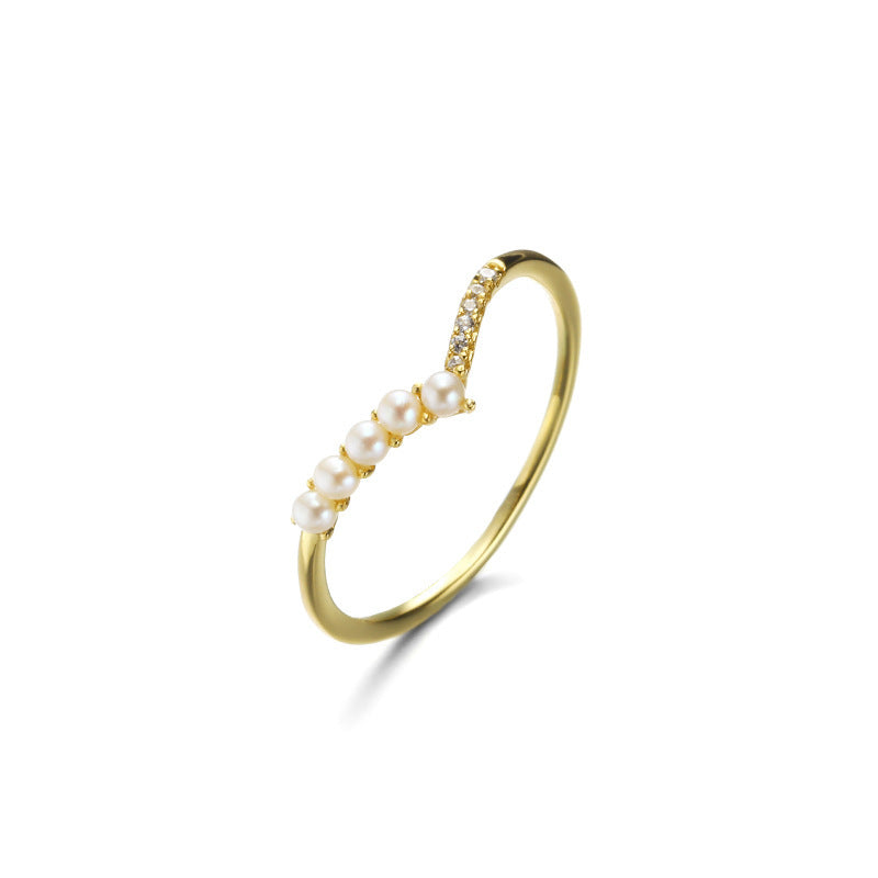 V-shaped Natural Pearl Zircon Ring Girl