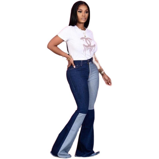 Patchwork Denim Flared Trousers Pi-Mart