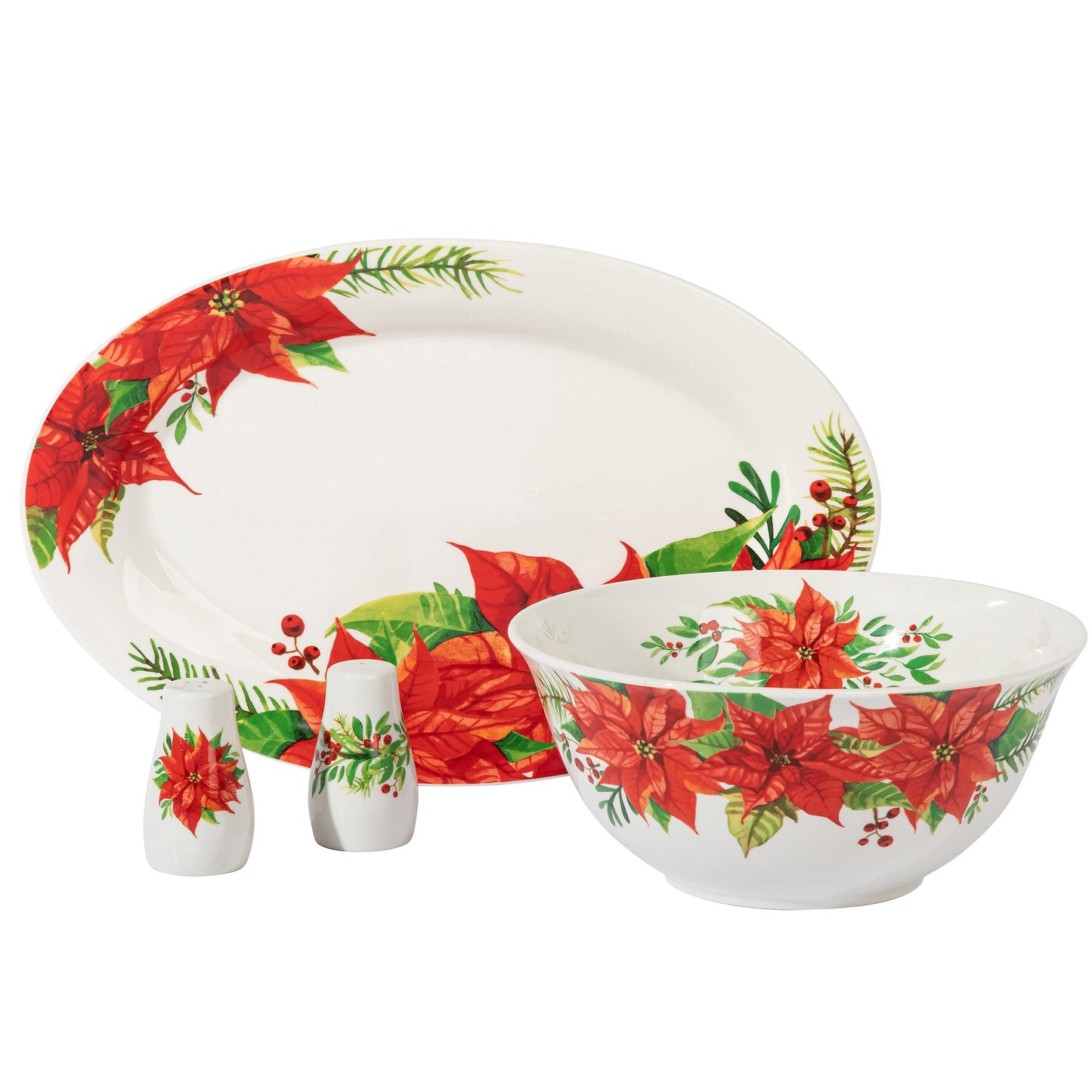 Gibson Home 4 Piece Ceramic Serving Set in White With Poinsettia Decorations LuxuryLifeWay Online Store