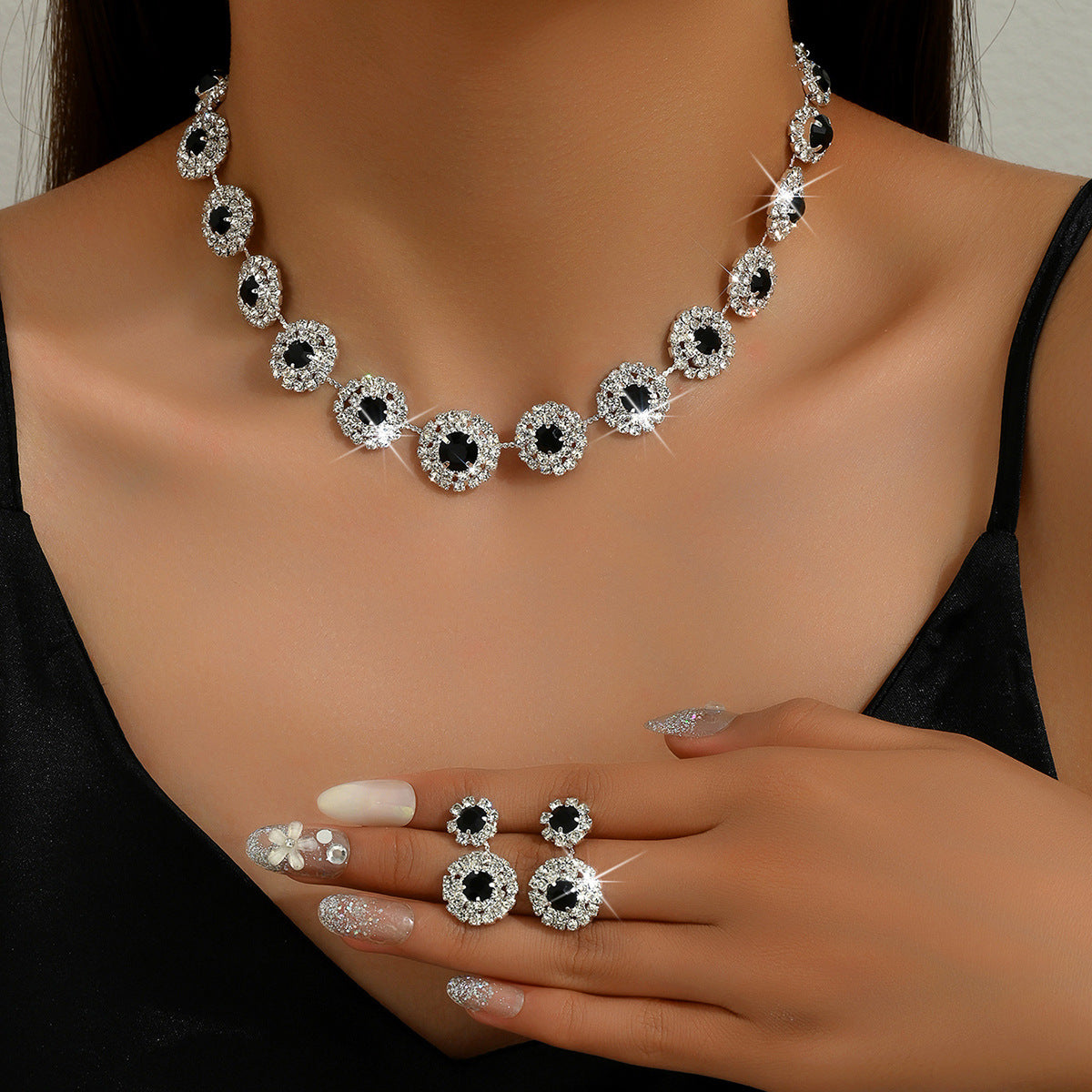 Popular Luxury Round Rhinestone Quartz Necklace And Earring Suit LadyShow.Store