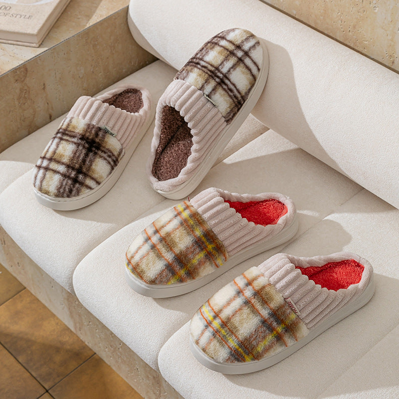 Plaid Plush Slippers Warm Soft Non-slip Bedroom Home Slipper For Couples Women Men House Shoes CJD