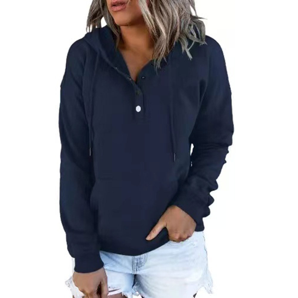 Long-sleeved Hooded Sweatshirt With Pockets Fashion Casual Button Drawstring Design Hoodie Top Spring And Autumn Sports Clothing For Women LadyShow.Store