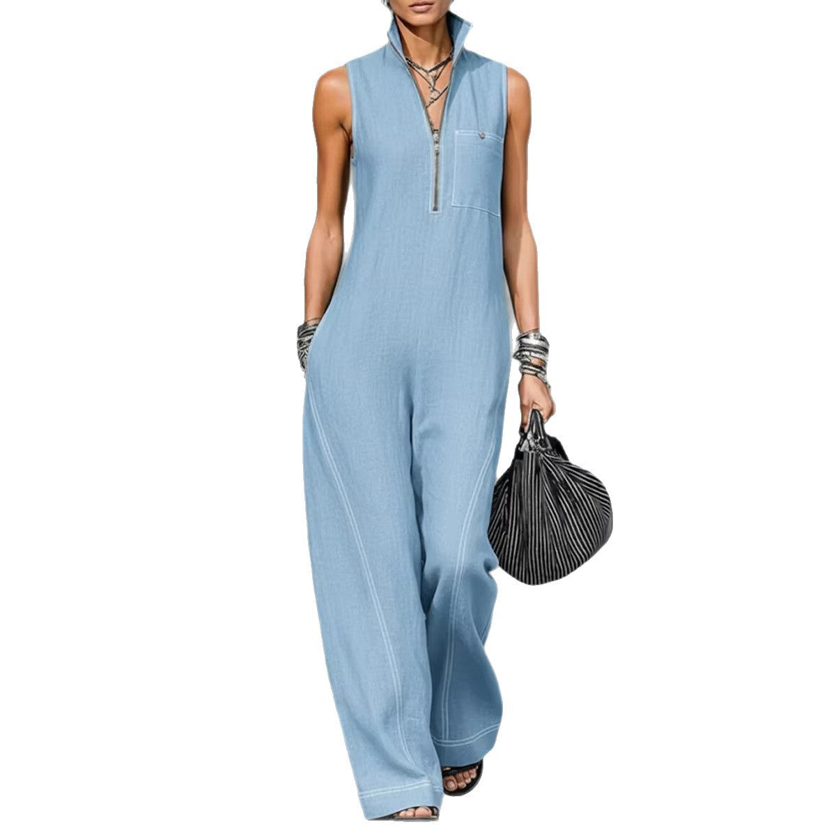 Stand-up Collar Jumpsuit With Pockets Summer Fashion Casual Sleeveless Jumpsuit Trousers Women's Clothing LadyShow.Store