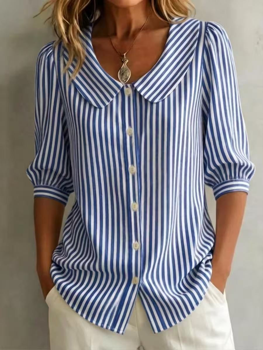 Mid-sleeve Striped V-neck Shirt Top T-shirt Womens Clothing LadyShow.Store