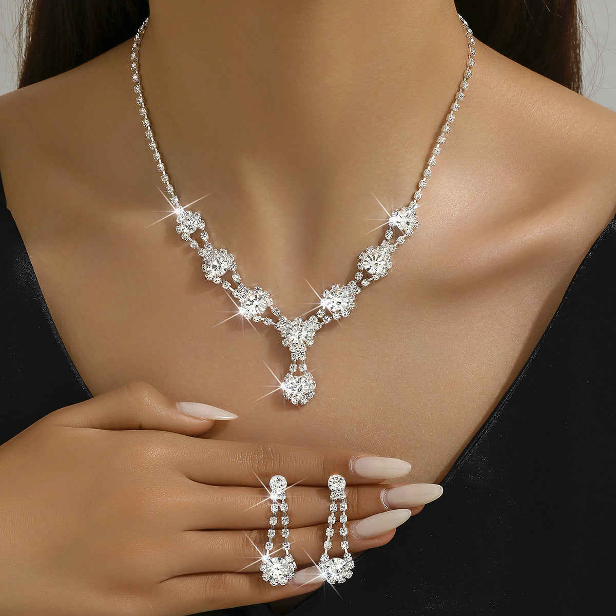 Hot Selling Simple High-grade Rhinestone Crystal Necklace Earrings LadyShow.Store