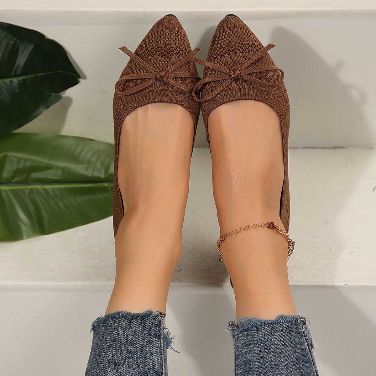 Bow Knitted Loafers Ins Fashion Pointed-toed Flats Shoes For Women CJD