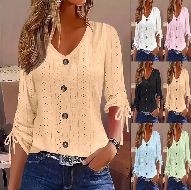 Solid-color Jacquard V-neck Buttoned Mid-sleeve T-shirt Top NorixaFashion.com