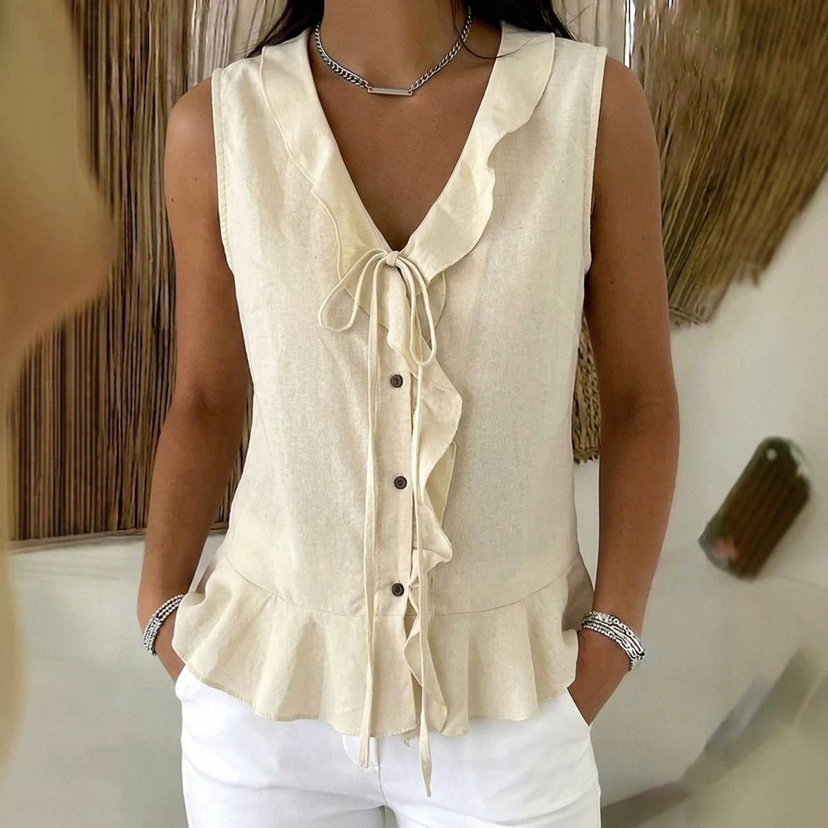 Women's Casual V-Neck Ruffle Trim Sleeveless Top NorixaFashion.com