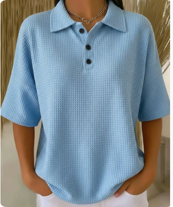 Women's Casual Loose Comfortable Lapel-Neck T-Shirt With Buttons NorixaFashion.com