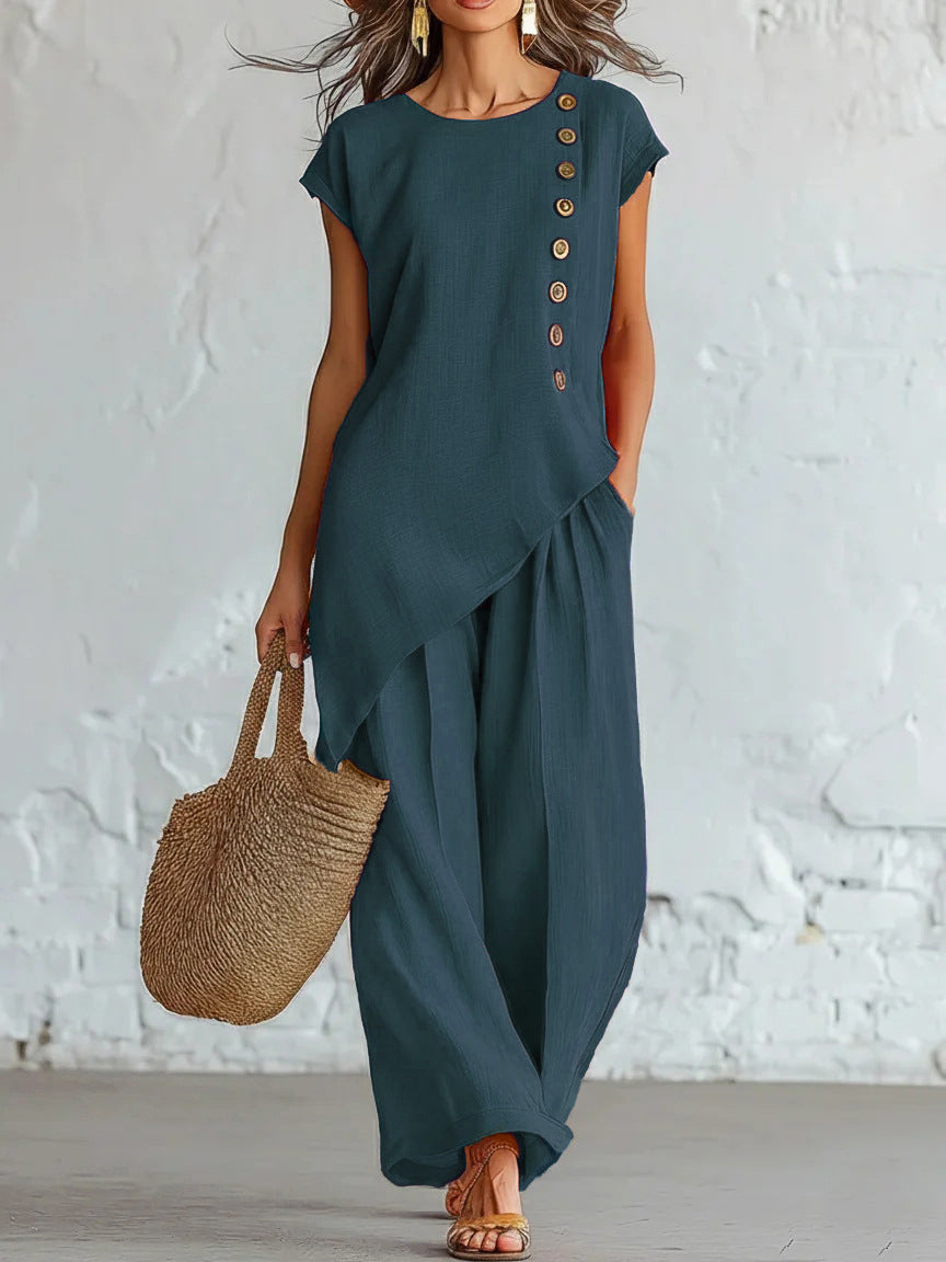 Womens Solid-Color Crew-Neck Buttoned Short-Sleeve Wide-Leg Pants Set NorixaFashion.com