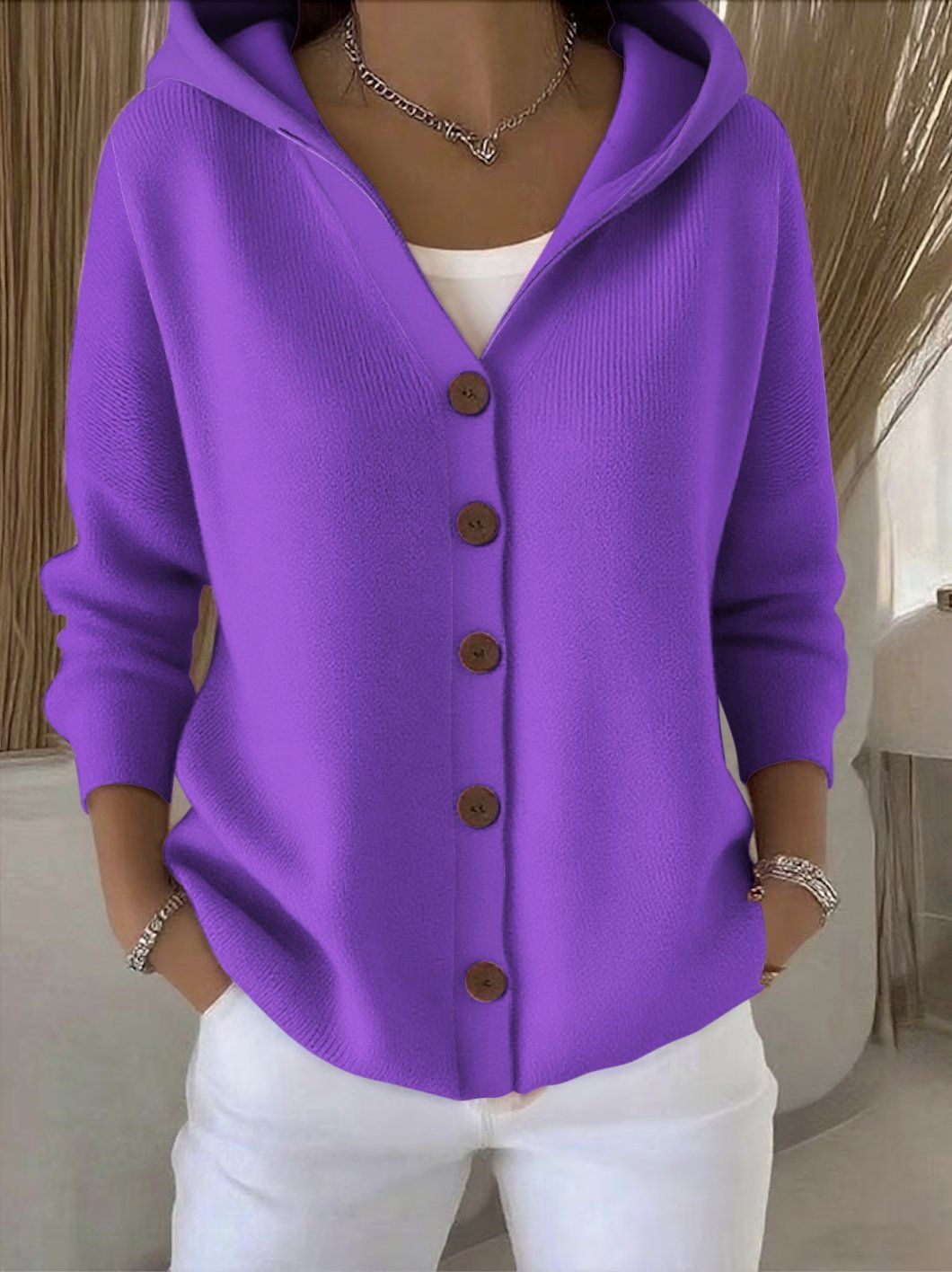 Ins Button Hooded Sweater Fashion Autumn And Winter Knitted Cardigan Casual Commuter Long Sleeve Top Women's Clothing NorixaFashion.com