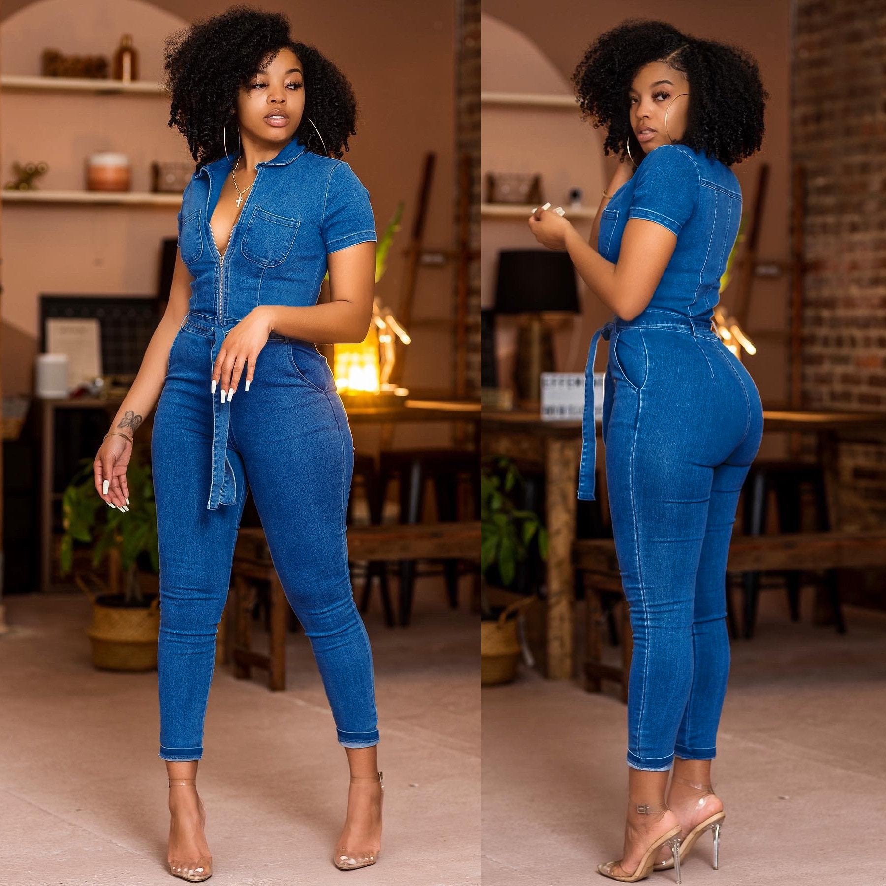 Fashionable Washed Sleeveless Denim Jumpsuit Pi-Mart