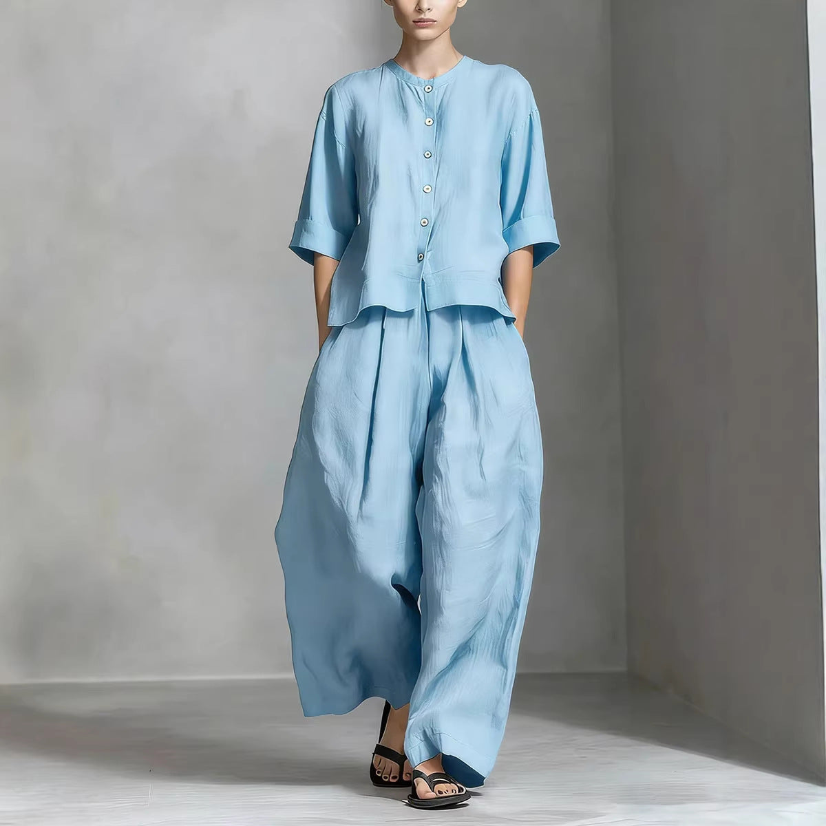 Solid-color Cotton-linen Shirt And Loose-fitting Trousers Two-piece Set NorixaFashion.com