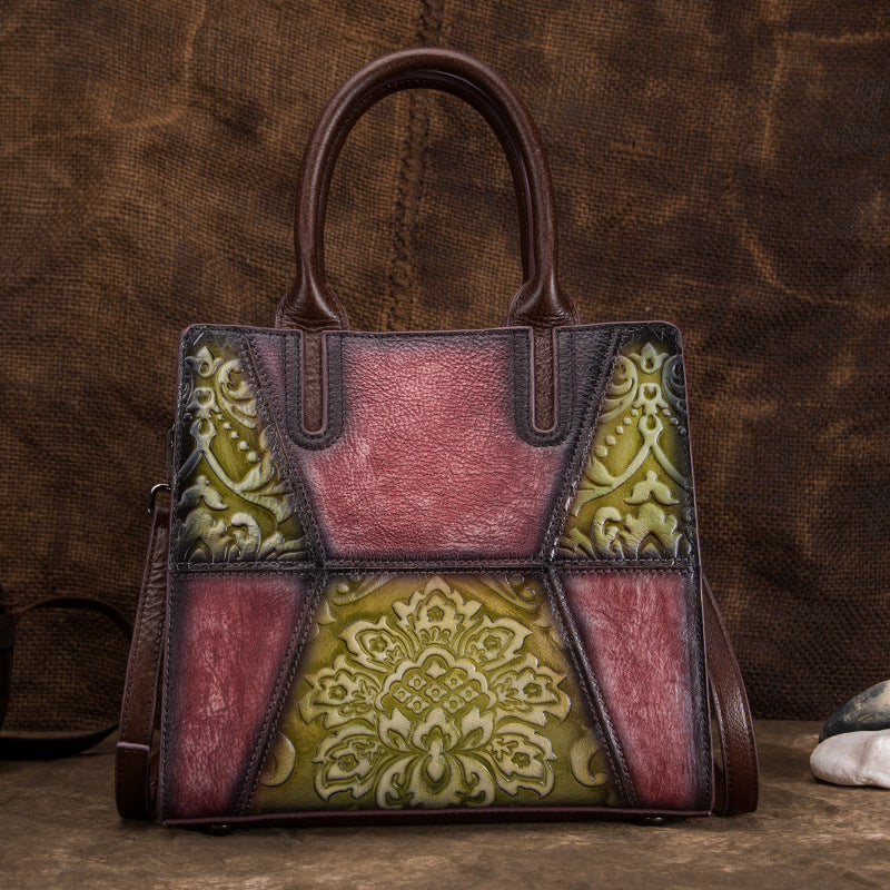Vintage Tree Embossed Leather Handbag - First Layer Cowhide Retro Women's Purse with Floral Hand-Painting (25x23x11cm) LadyShow.Store
