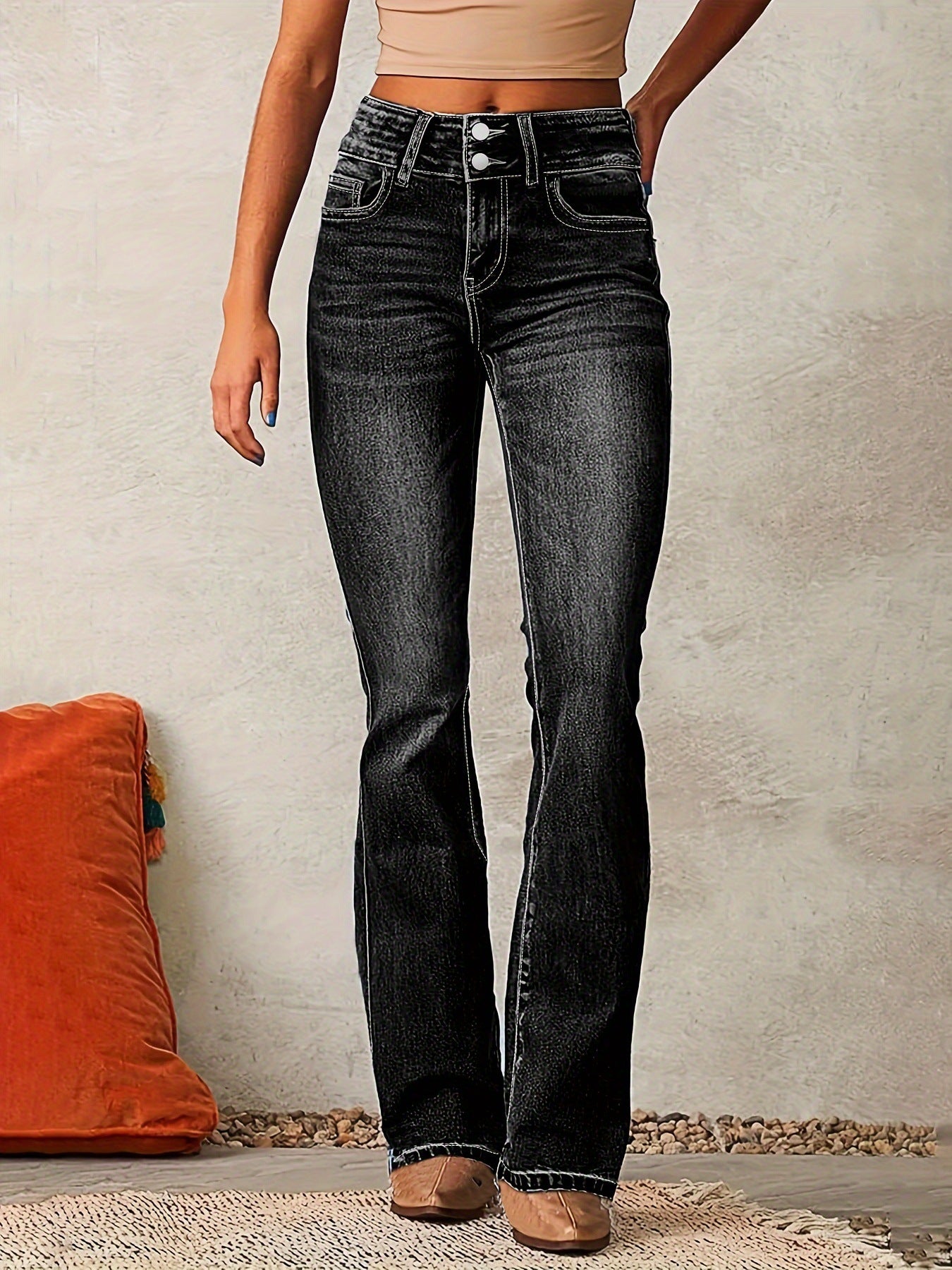 Skinny Flared Jeans With Pockets Fashion Button Zipper Trousers Women's Slim Denim Pants LadyShow.Store