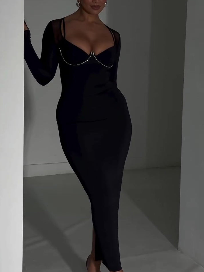 Black Bodycon Midi Dress With Rhinestone Chain Detail And Mesh Sleeves NorixaFashion.com