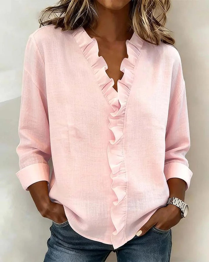 Ruffled Long Sleeve Cotton Shirt NorixaFashion.com