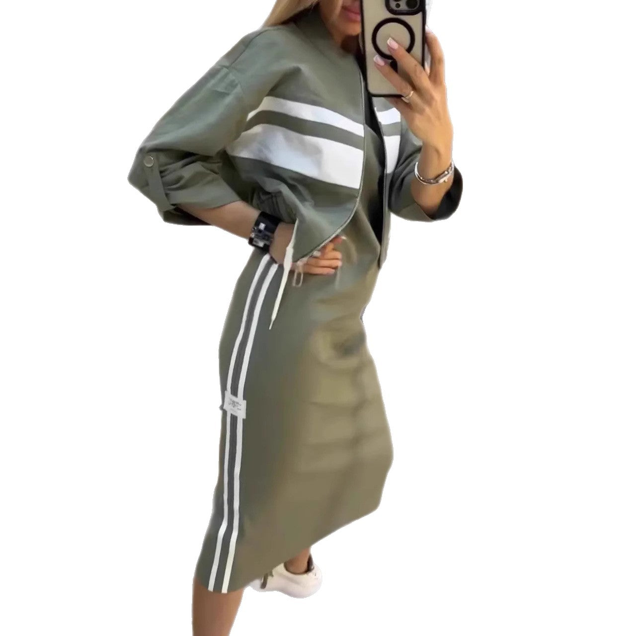 Casual Zipper White Stripe Edge Jacket Coat Dress Women's Suit LuxuryLifeWay Online Store