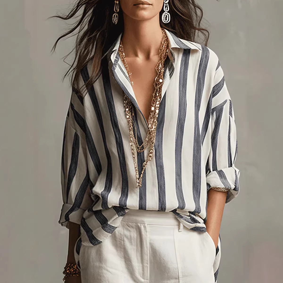 Striped Lapel Collar Loose-Fit Stylish Pullover Womens Blouse NorixaFashion.com