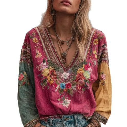 Women's Casual Vintage Bohemian V-neck Top With Ethnic-style Long Sleeves LadyShow.Store