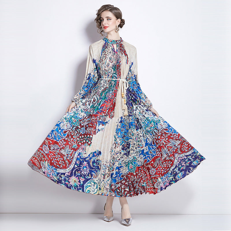 Pleated Tassel Belt Dress Women NorixaFashion.com