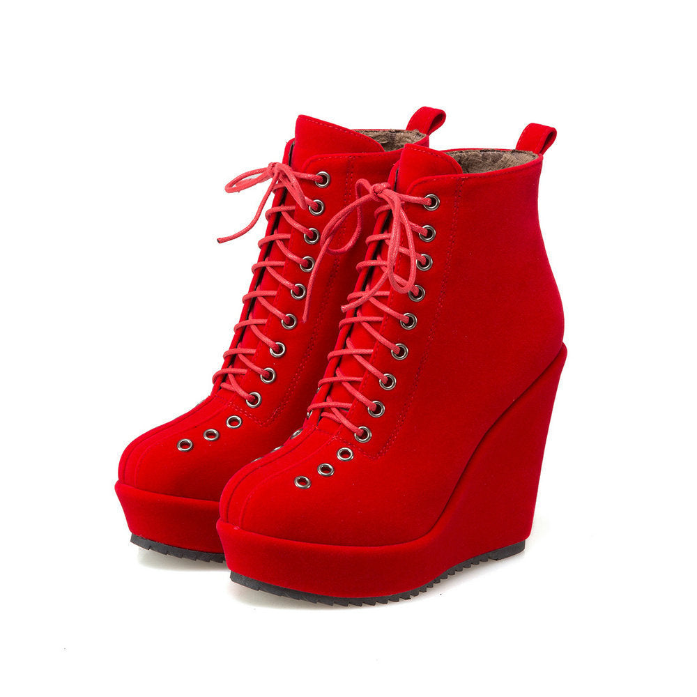 High-heeled Sponge Cake Was Thin Suede Lace-up Martin Boots Women LadyShow.Store