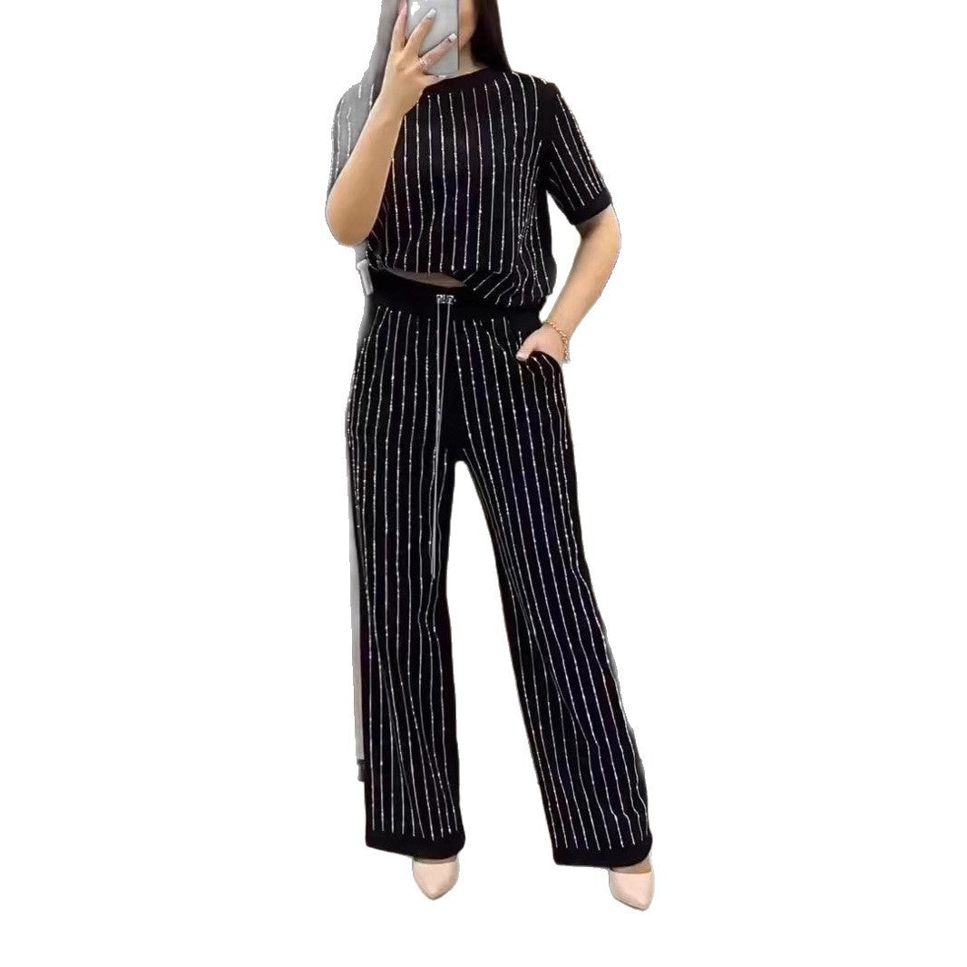 Vertical Striped Rhinestone Top Two-piece Set LadyShow.Store