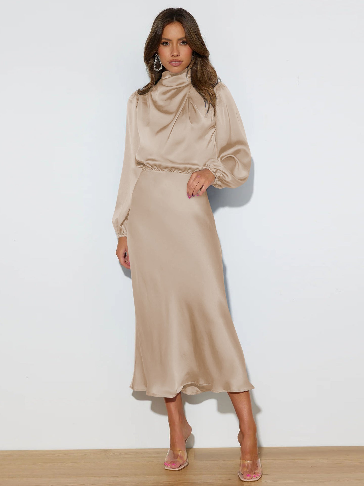 Elegant Temperament Long-sleeved Dress Satin Halterneck Formal Evening Dresses Women Clothing LadyShow.Store