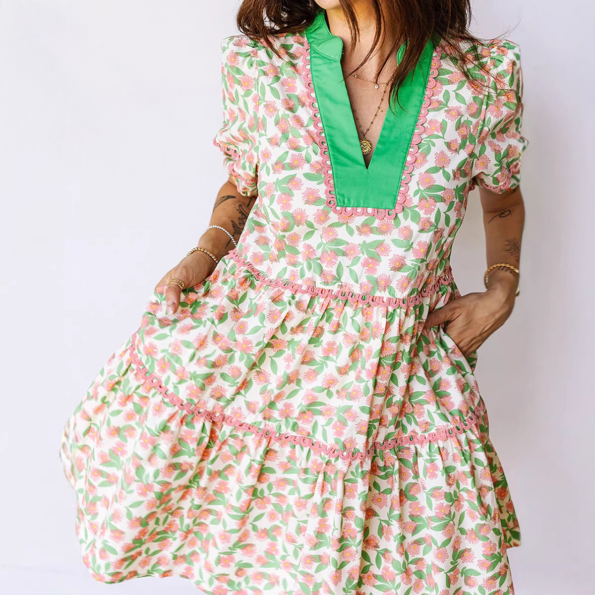 Printed Lace Patchwork Dress Women NorixaFashion.com