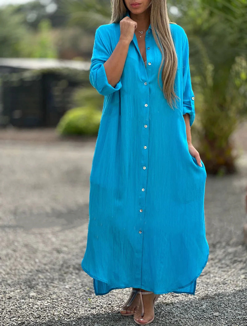 2026 Women's Dress, Cotton And Linen Shirt, Long Skirt, Fashionable Casual Long Sleeved Cardigan Dress NorixaFashion.com
