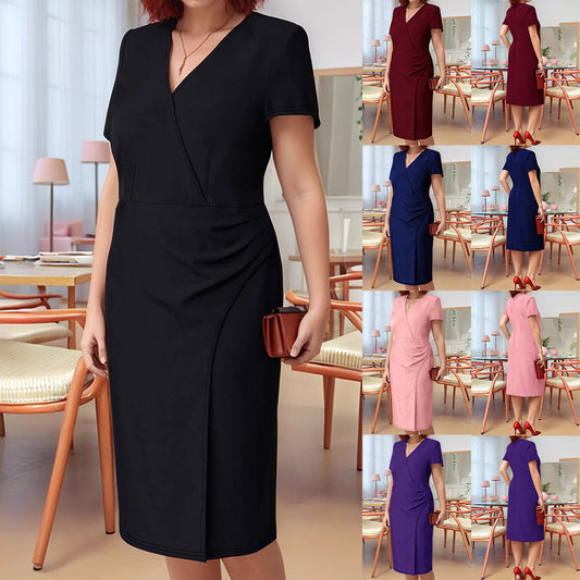 Women's Short-sleeve Solid Color Plus-size Dress LadyShow.Store