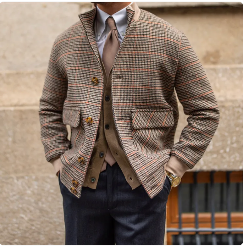 Cropped Slim-Fit Tweed Bomber Jacket with Fleece and Stand Collar Pi-Mart