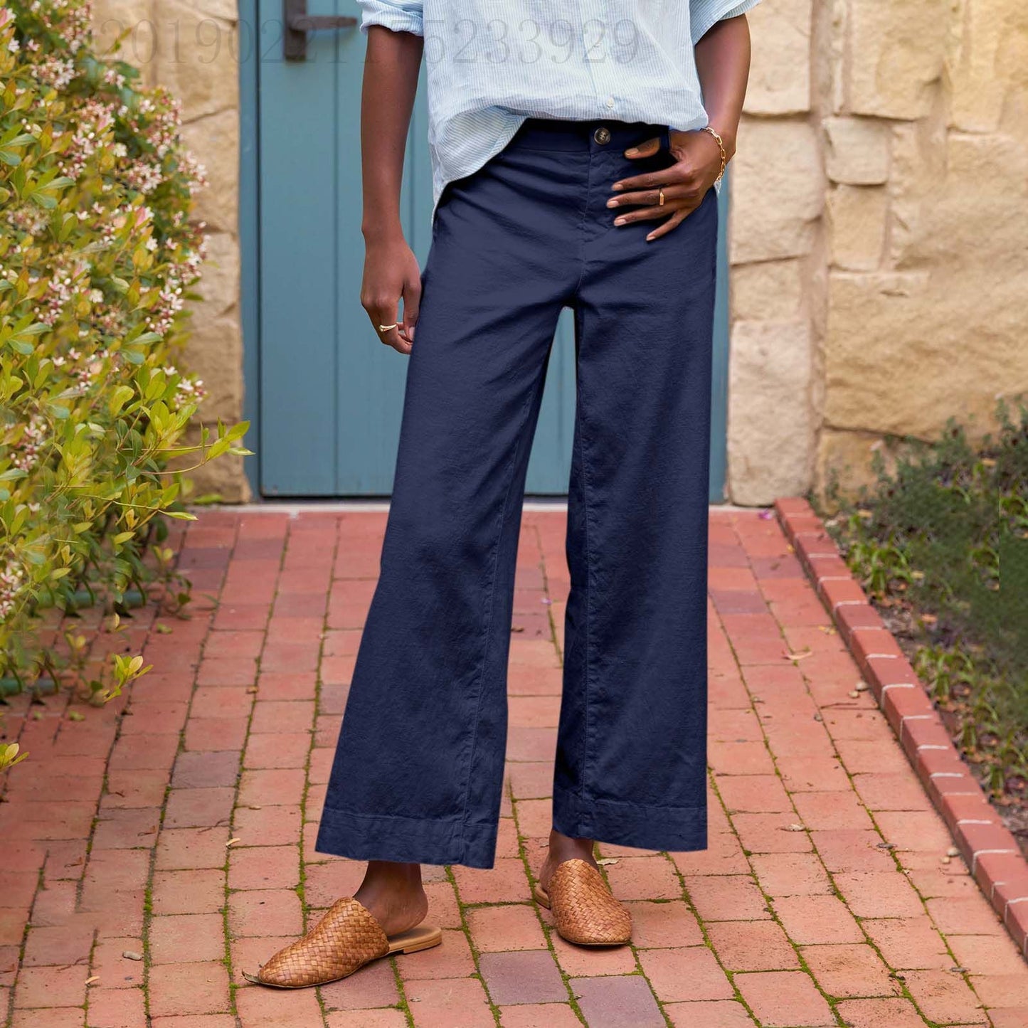 European And American Style High-Waisted Solid Color Cropped Flared Loose Wide-Leg Womens Trousers With Buttons NorixaFashion.com