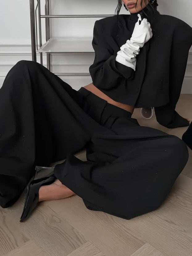 Black Rhinestone Embellished Cropped Blazer & Wide Leg Pants 2-Piece Set NorixaFashion.com