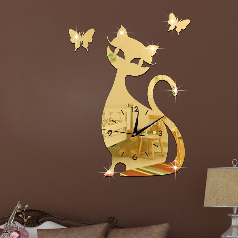 Quartz wall clock bedroom living room wall clock creative cute black cat wall sticker clock PearlNestDecor.com
