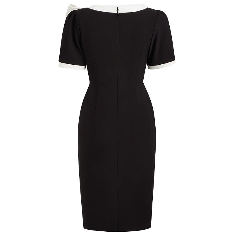 Women Crew Neck Short Sleeve Bow Color-Block Slim Fit Dress LadyShow.Store
