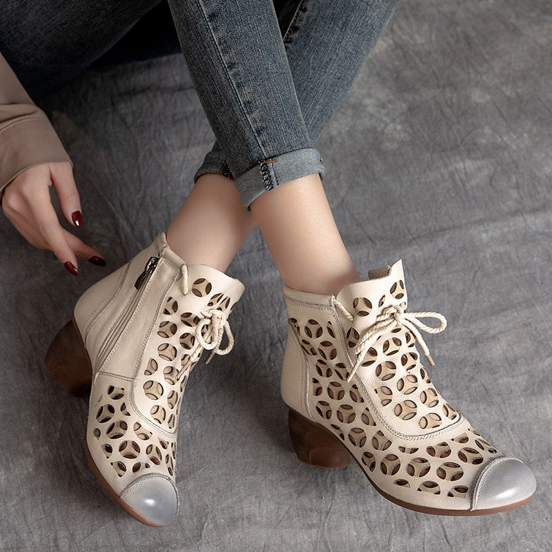 Comfortable Leather Women's Shoes Round Toe Mid Heel Chunky Heel Lace Up Sandals LadyShow.Store