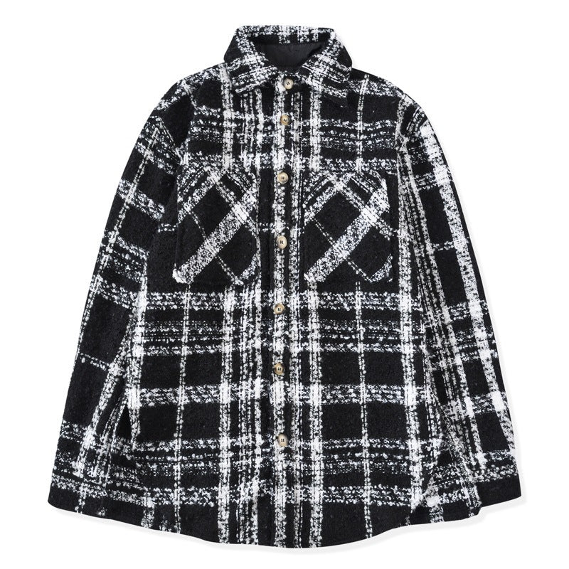 Black and White Plaid Knit Jacket for Couples Pi-Mart