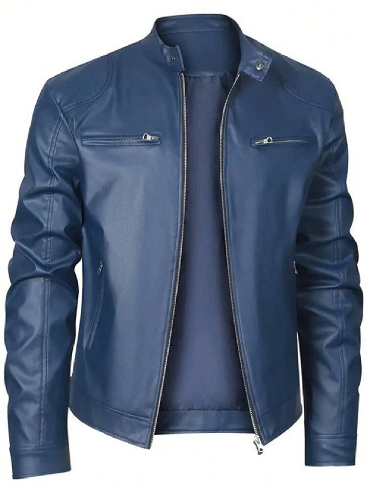 Gentleman's Warm Zipper Cardigan Pocket Decorated Pu Leather Coat LadyShow.Store