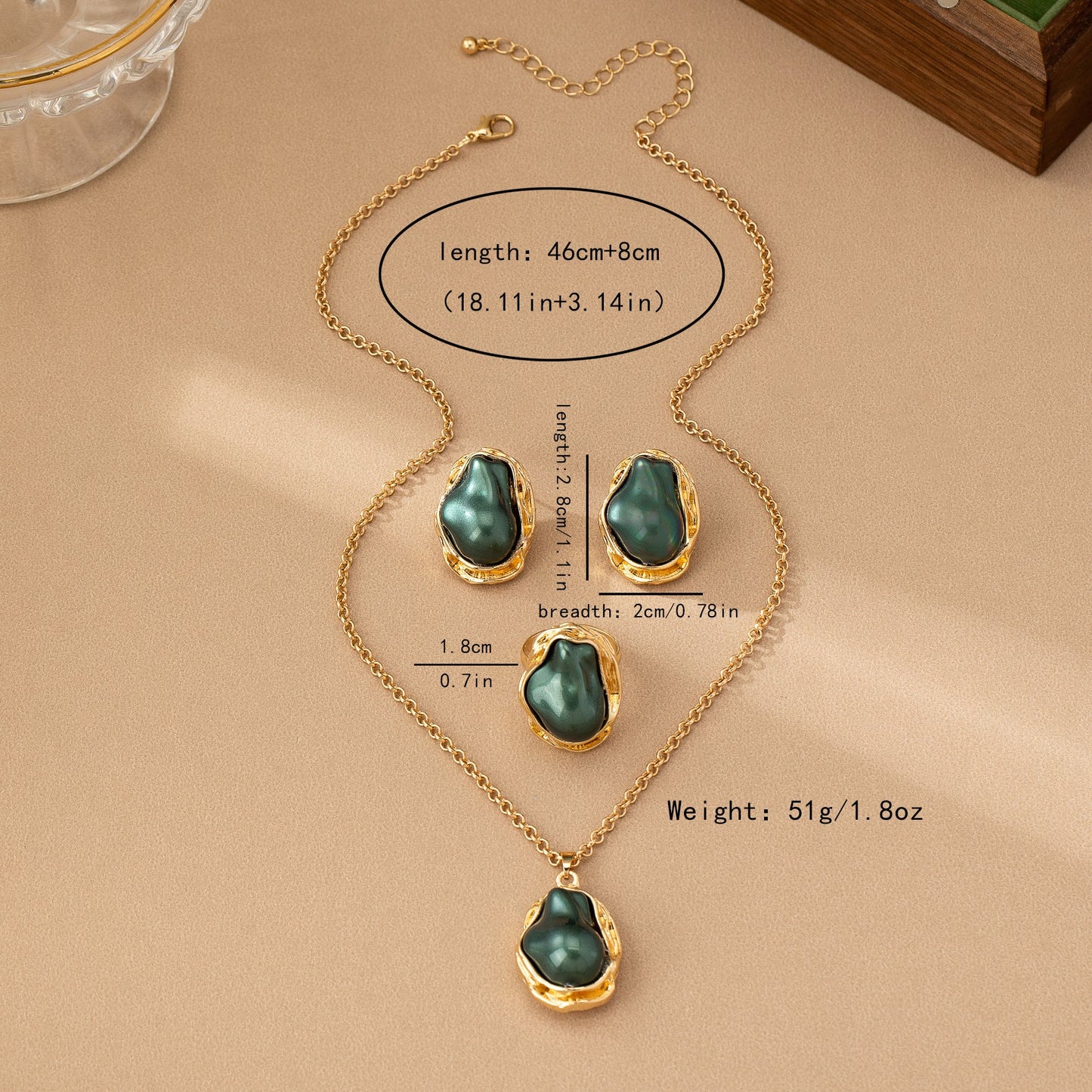 Retro Green Irregular Inlaid Imitation Pearl Necklace Ear Stud And Ring LadyShow.Store