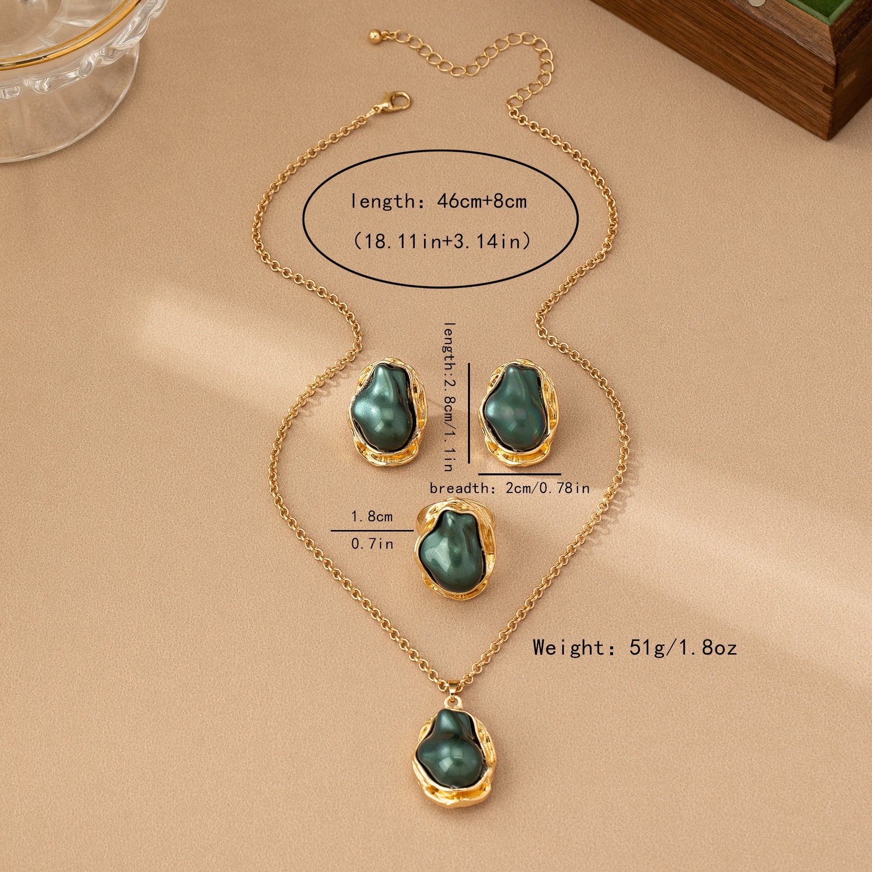 Retro Green Irregular Inlaid Imitation Pearl Necklace Ear Stud And Ring LadyShow.Store