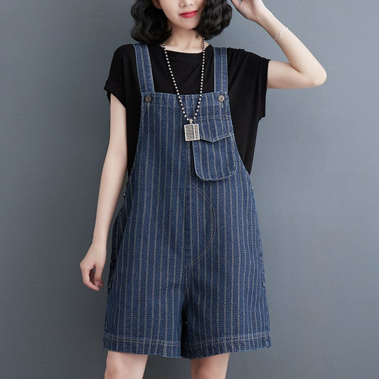 "Summer Women's Large Vertical Stripe Denim Strap Shorts" Pi-Mart