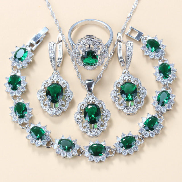 Garnet Cubic Zirconia Earrings Pendant Necklace Bracelet Ring Gift 4 PCs Set LadyShow.Store