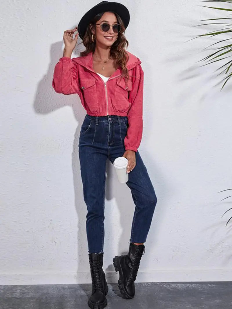 Casual Corduroy Hooded Jacket for Women - Loose Fit Pi-Mart